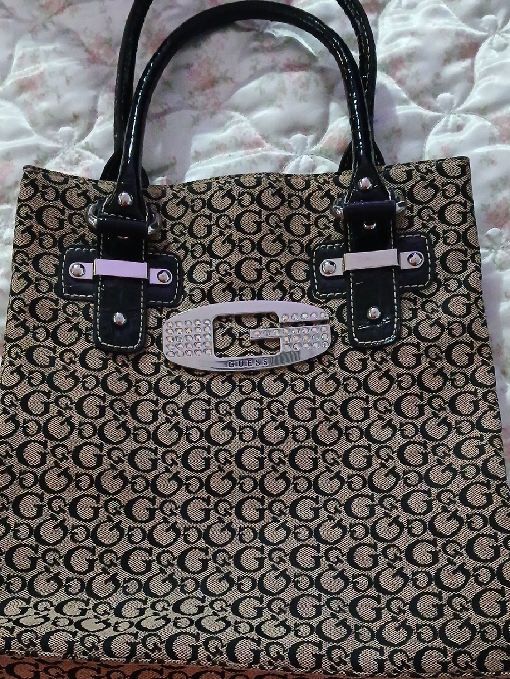 Guess Monogram Tote in Tan and Black with Logo Hardware